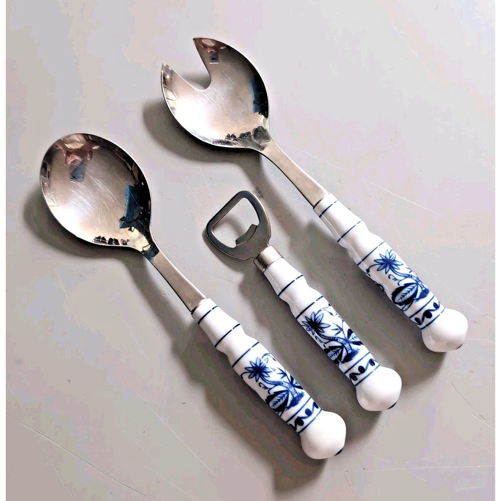 DDR ABS Rostfrei Blue Onion Porcelain Handle Salad Servers + Bottle Opener 18/10